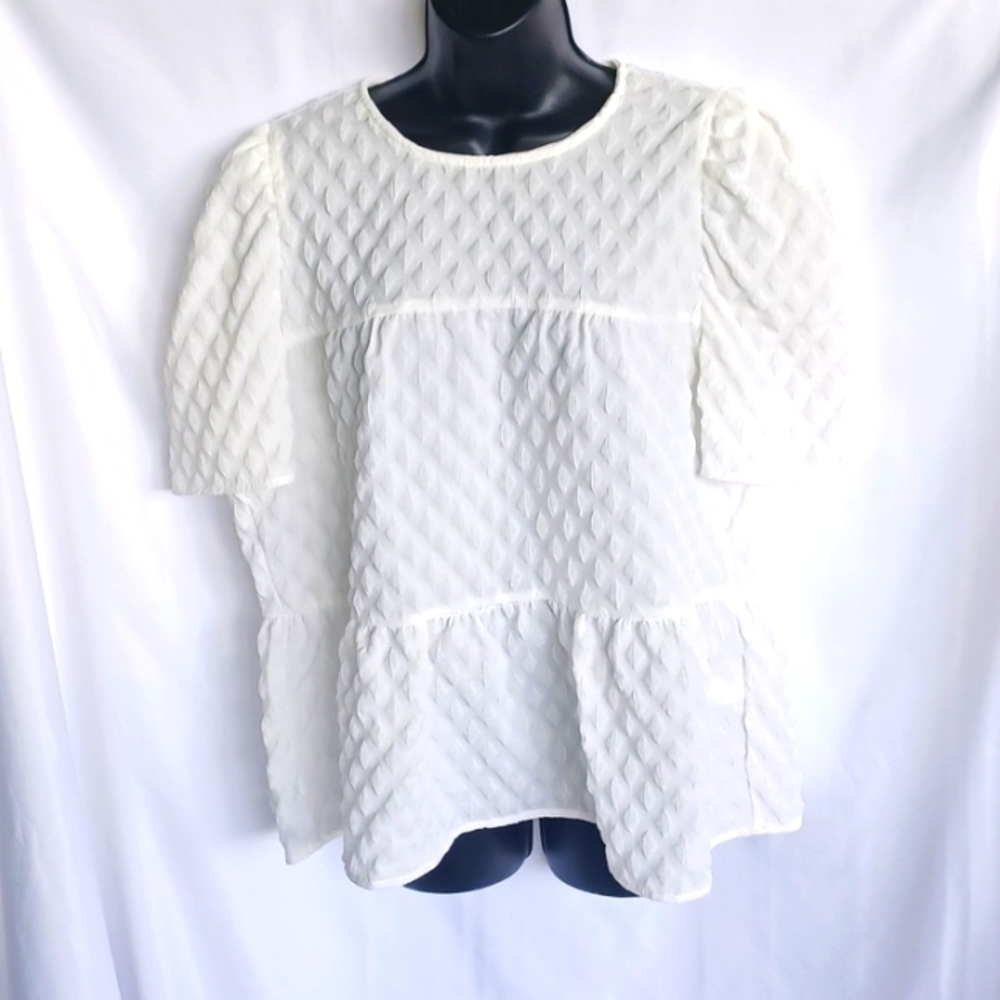 THML  Puff Sleeve Cream ruffle Textured blouse Size M